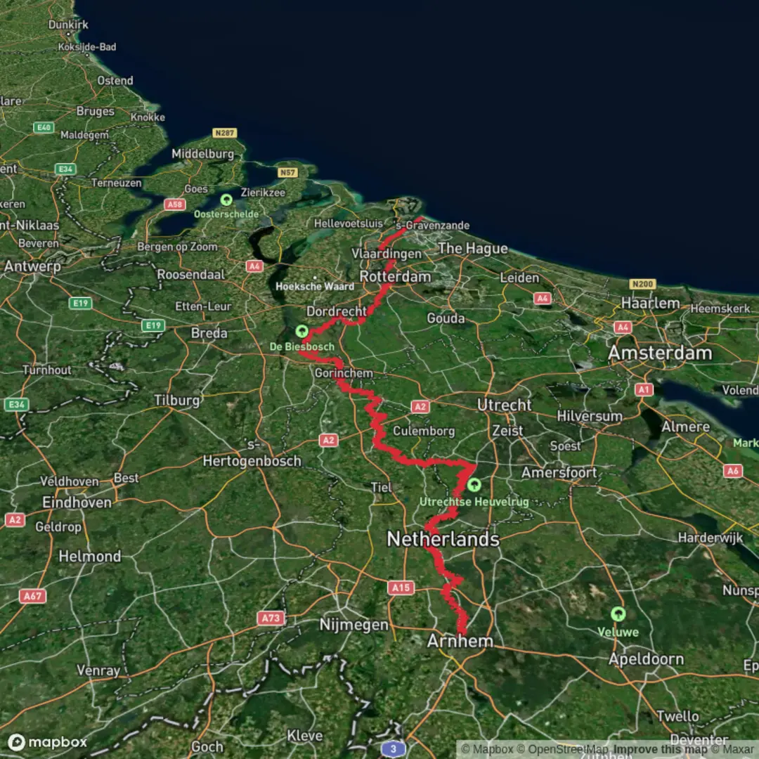 An image depicting the trail Arnhem to Hoek van Holland Strand via Bosweg, Peilmolenweg and Maassluissedijk and its surrounding area.