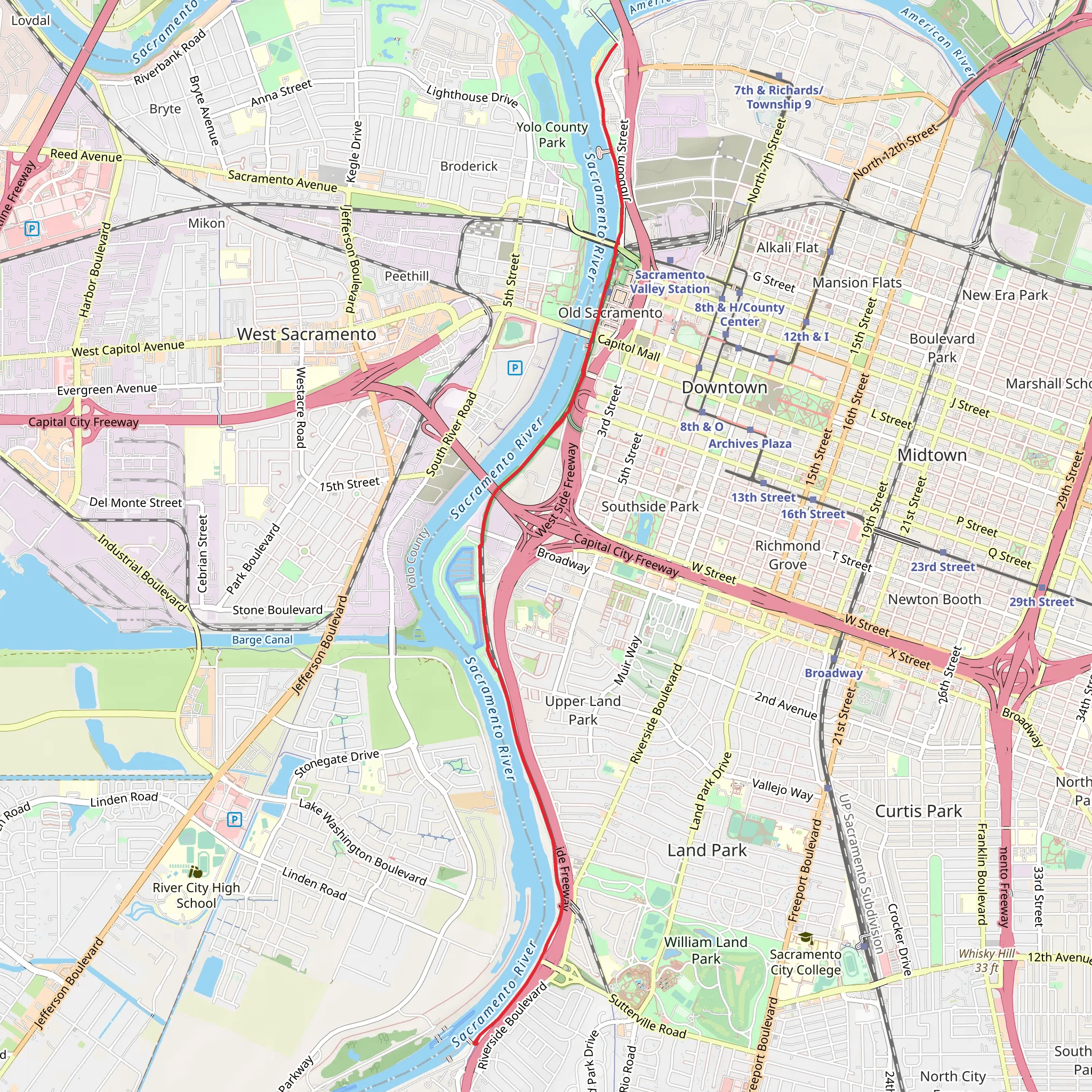 Walk along Sacramento River mobile static map