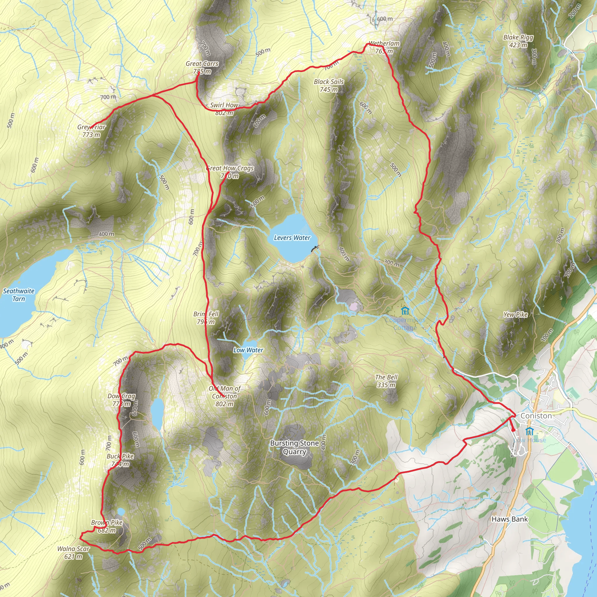 Buck Pike, Great How Crags, Swirl How and Wetherlam Loop - Coniston mobile static map