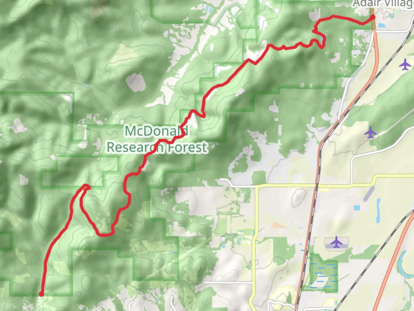 An image depicting the trail Adair Village to Northwest Oak Creek Drive and its surrounding area.