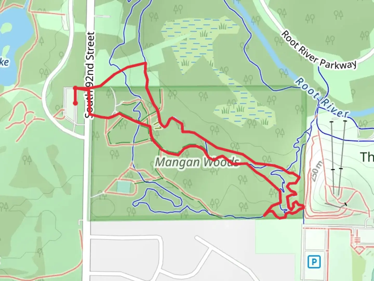 An image depicting the trail Mangan Woods Long Loop and its surrounding area.