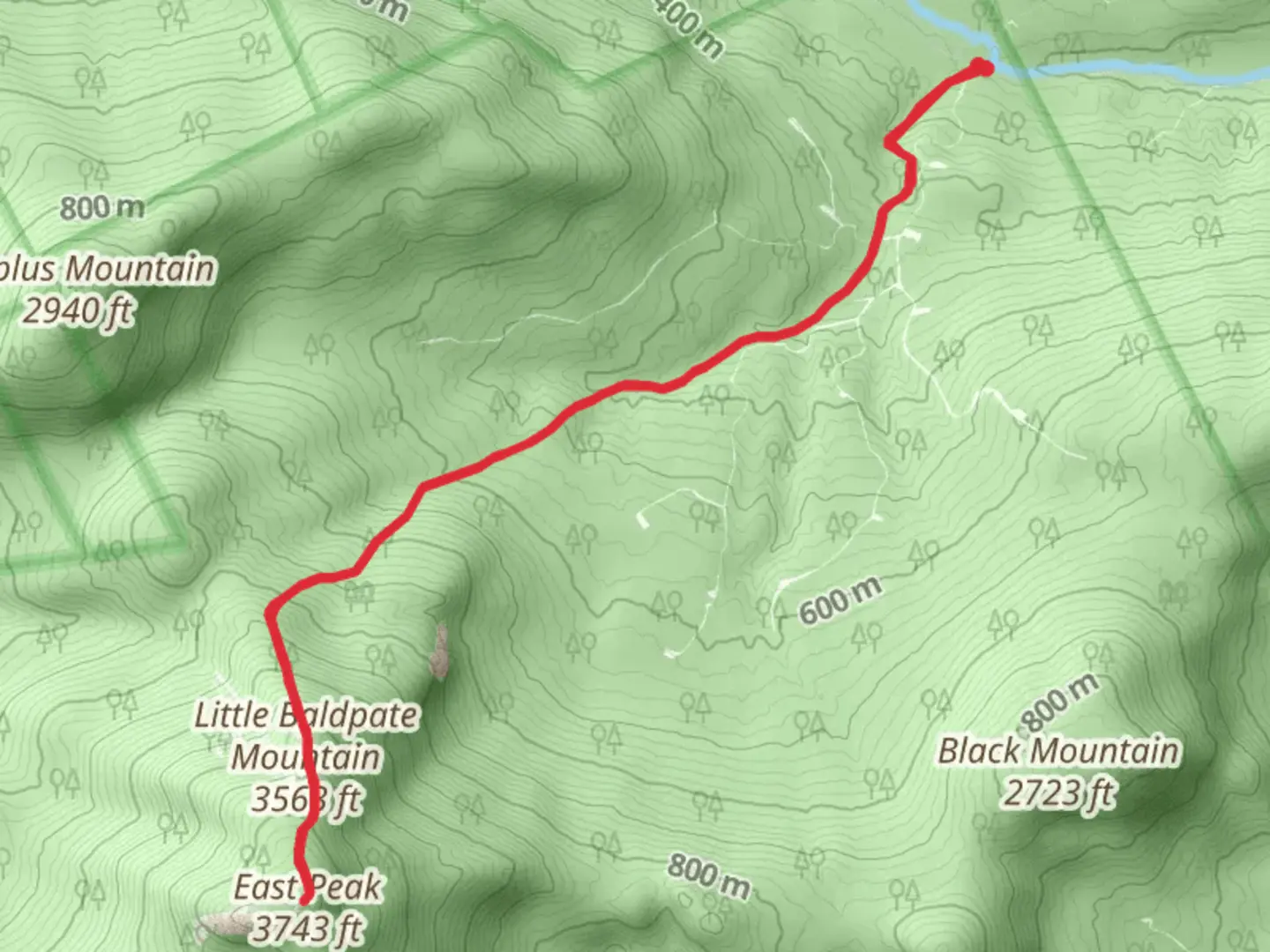 An image depicting the trail Little Baldpate and East Peak via Frye Brook and its surrounding area.