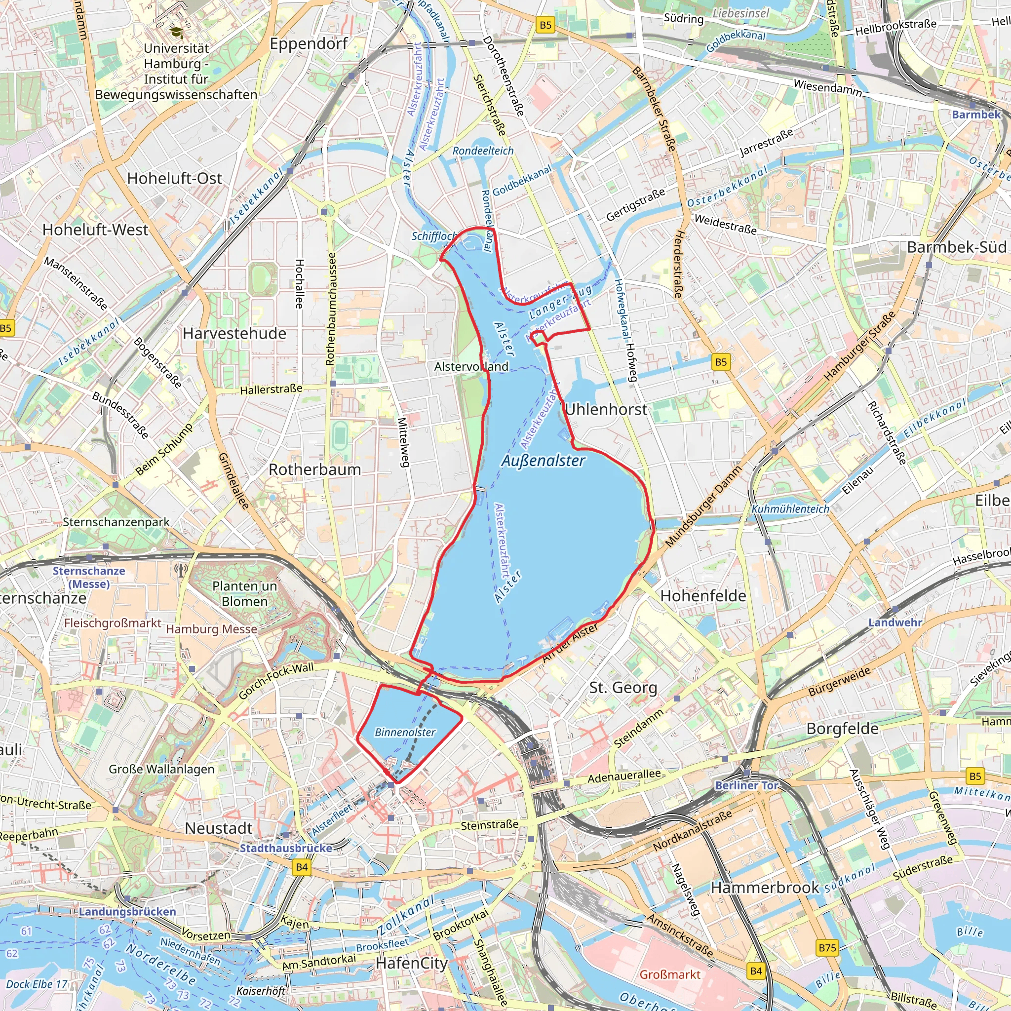 Binnenalster and Alster via Ohlsdorf - Hafen and Jakobsweg via Baltica, Hamburg mobile static map
