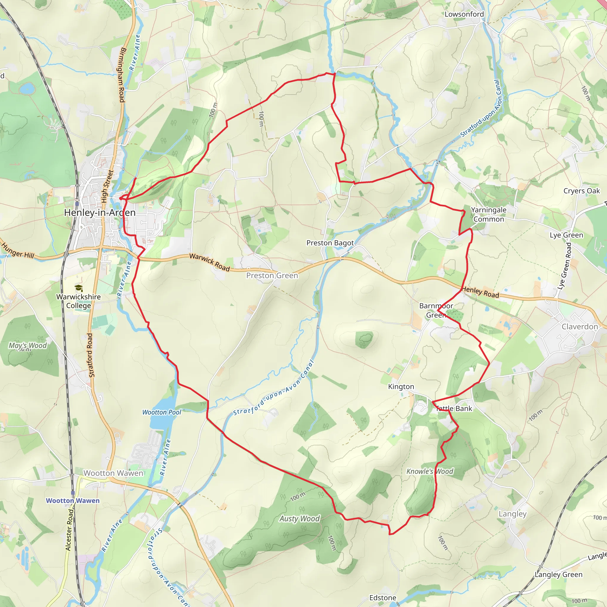 River Alne, Wootton Pool, Austy Wood, Knowle's Wood Loop mobile static map