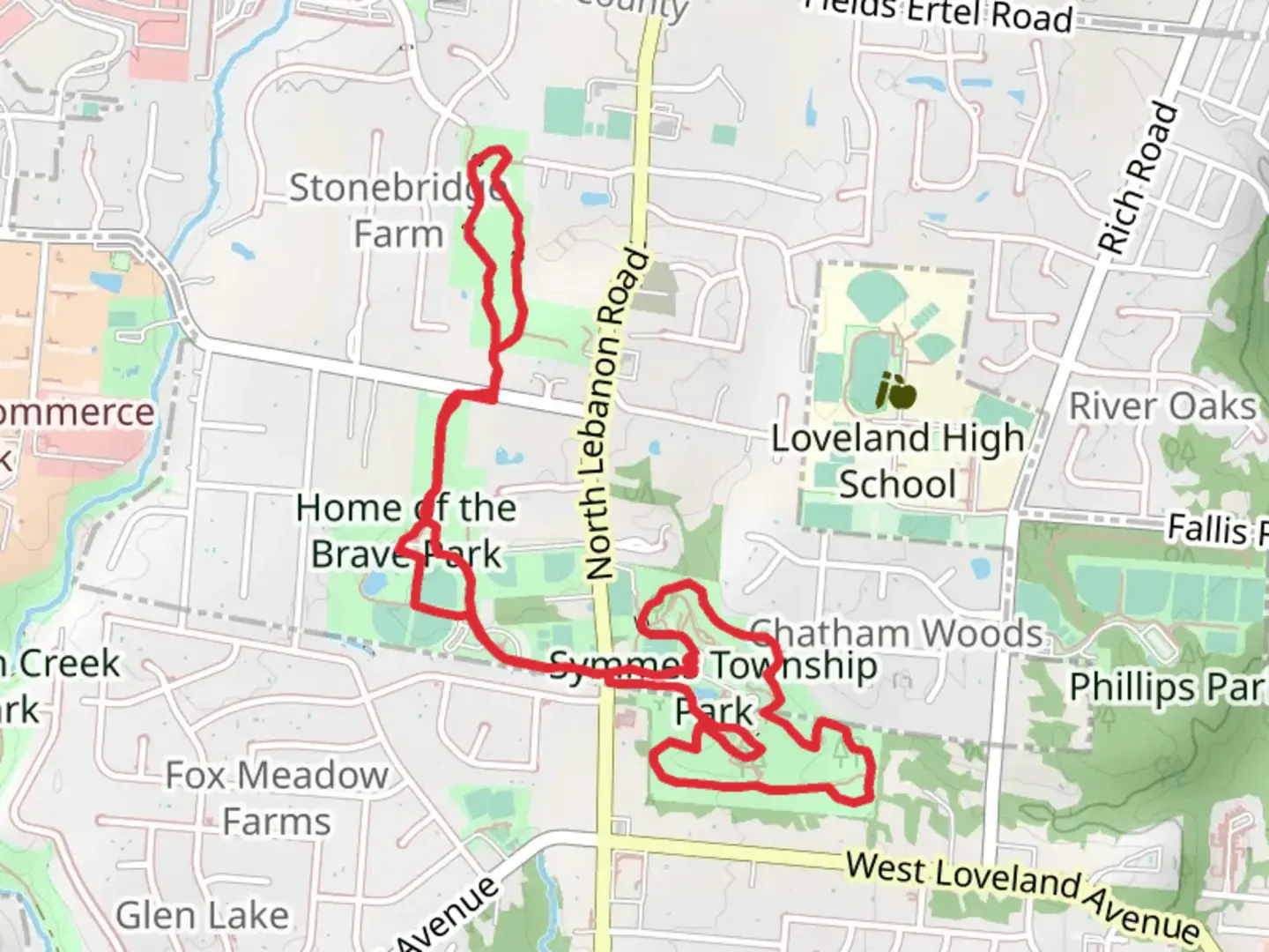 An image depicting the trail Symmes Township Park and Meade Property Loop and its surrounding area.