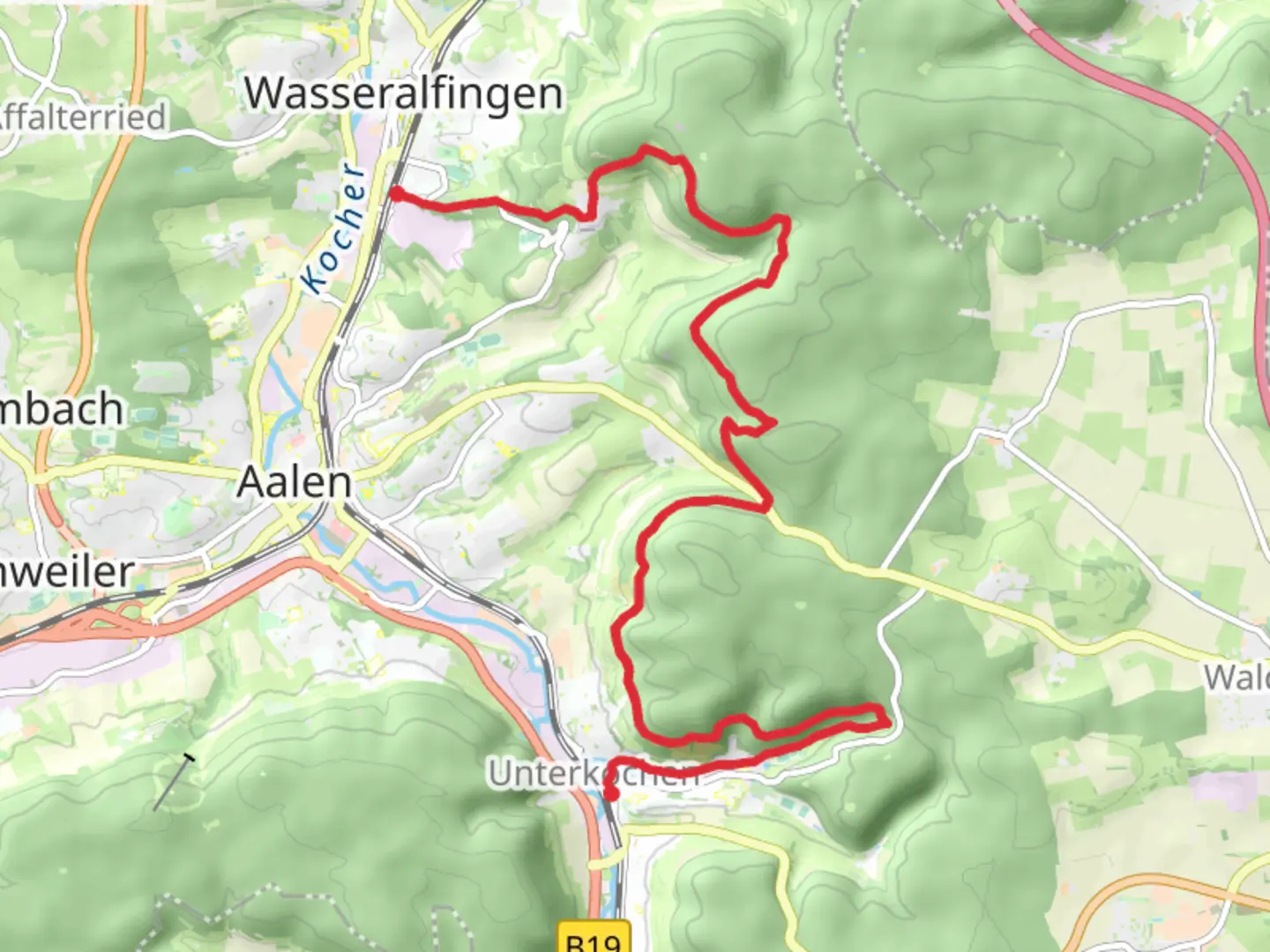 An image depicting the trail Wasseralfingen to Unterkochen Walk and its surrounding area.