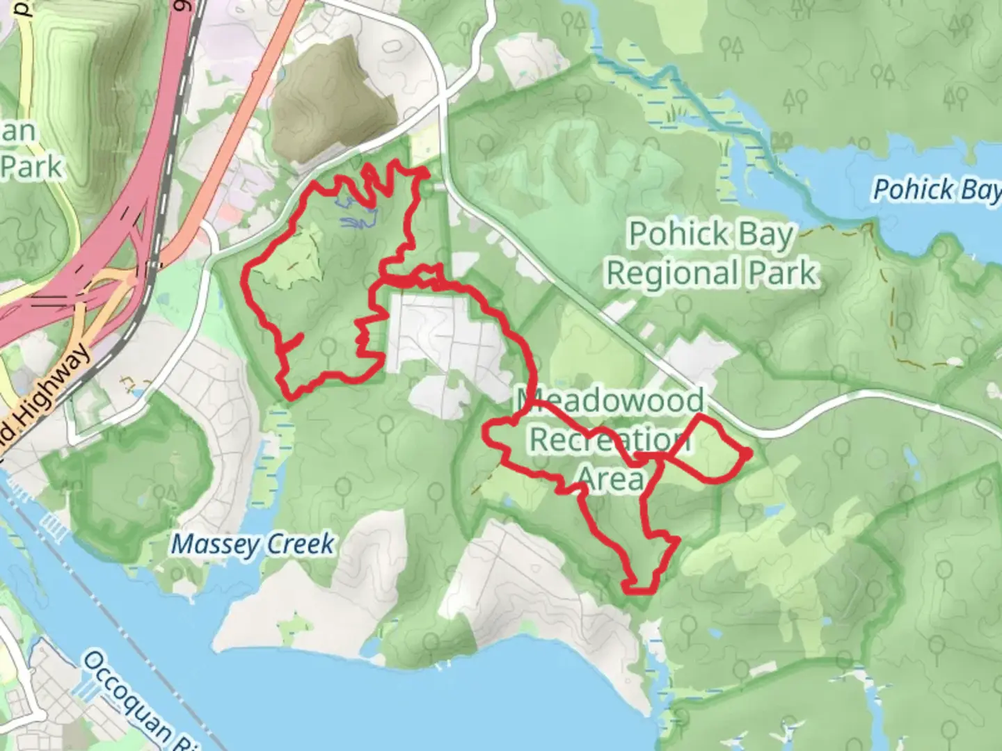 An image depicting the trail Thompson Creek Trail, Wood Thrush Trail and South Branch Loop and its surrounding area.