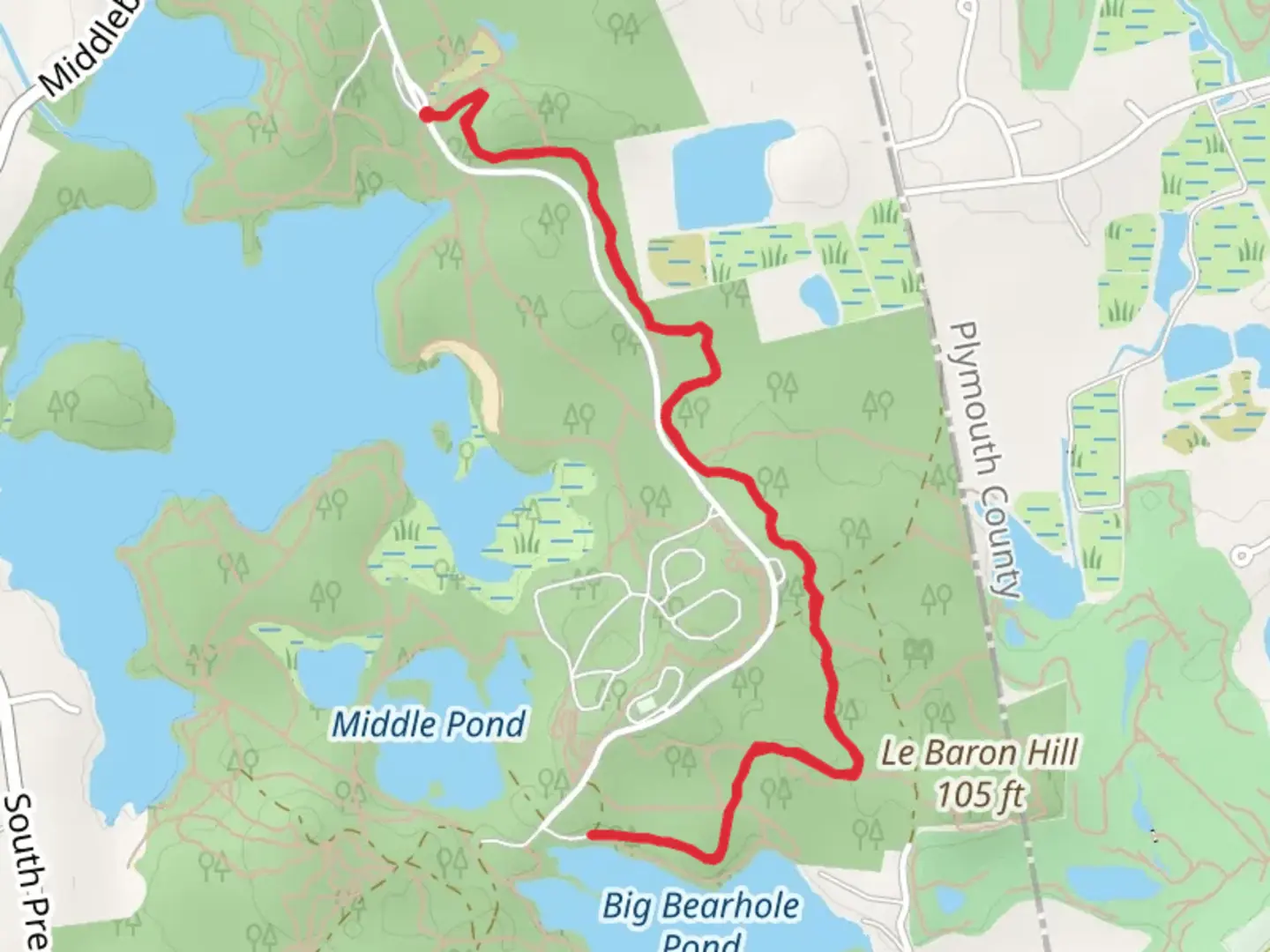 An image depicting the trail Big Bearhole Pond Out and Back and its surrounding area.