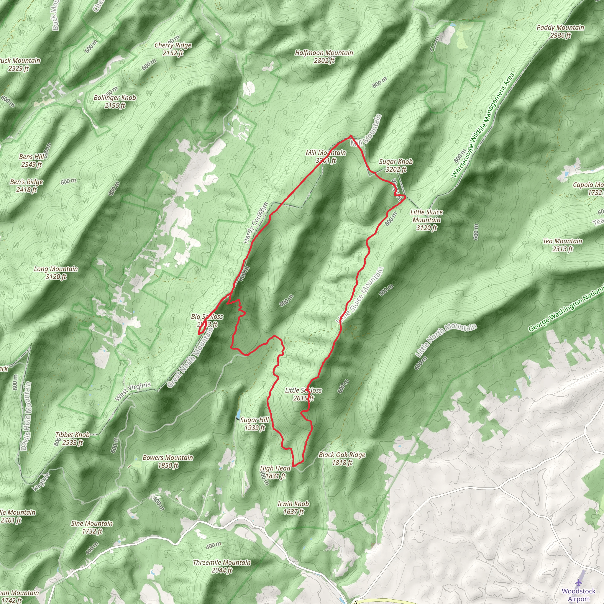 Big Schloss, Mill Mountain, Sugar Knob and Little Schloss Loop mobile static map