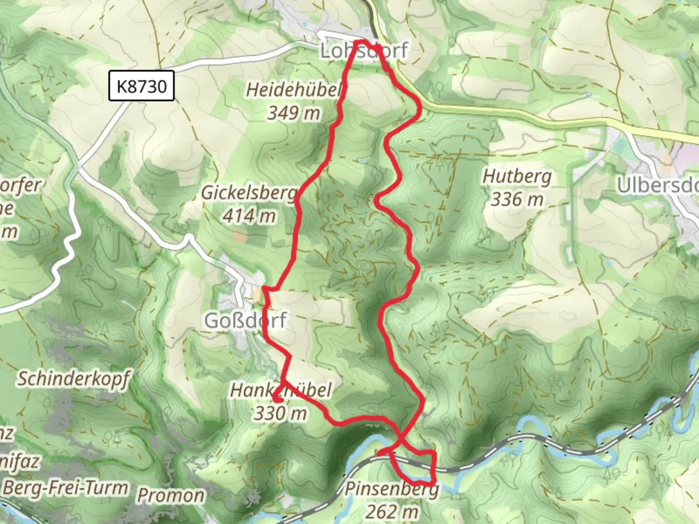 An image depicting the trail Hankehübelweg Loop and its surrounding area.