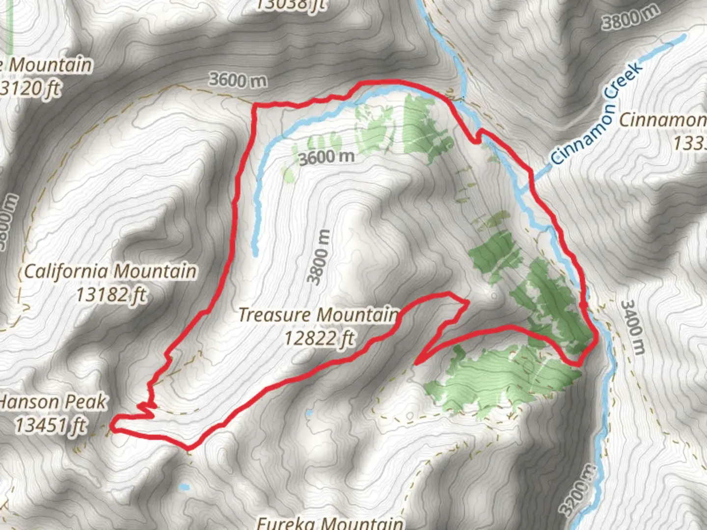 An image depicting the trail Loop around Treasure Mountain and its surrounding area.