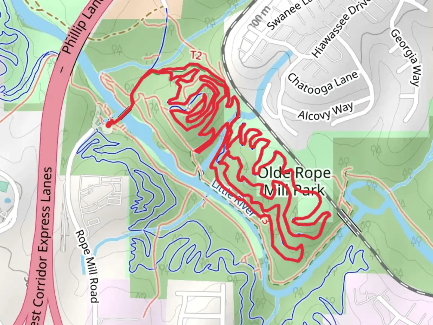 An image depicting the trail Olde Rope Mill Park Loop and its surrounding area.