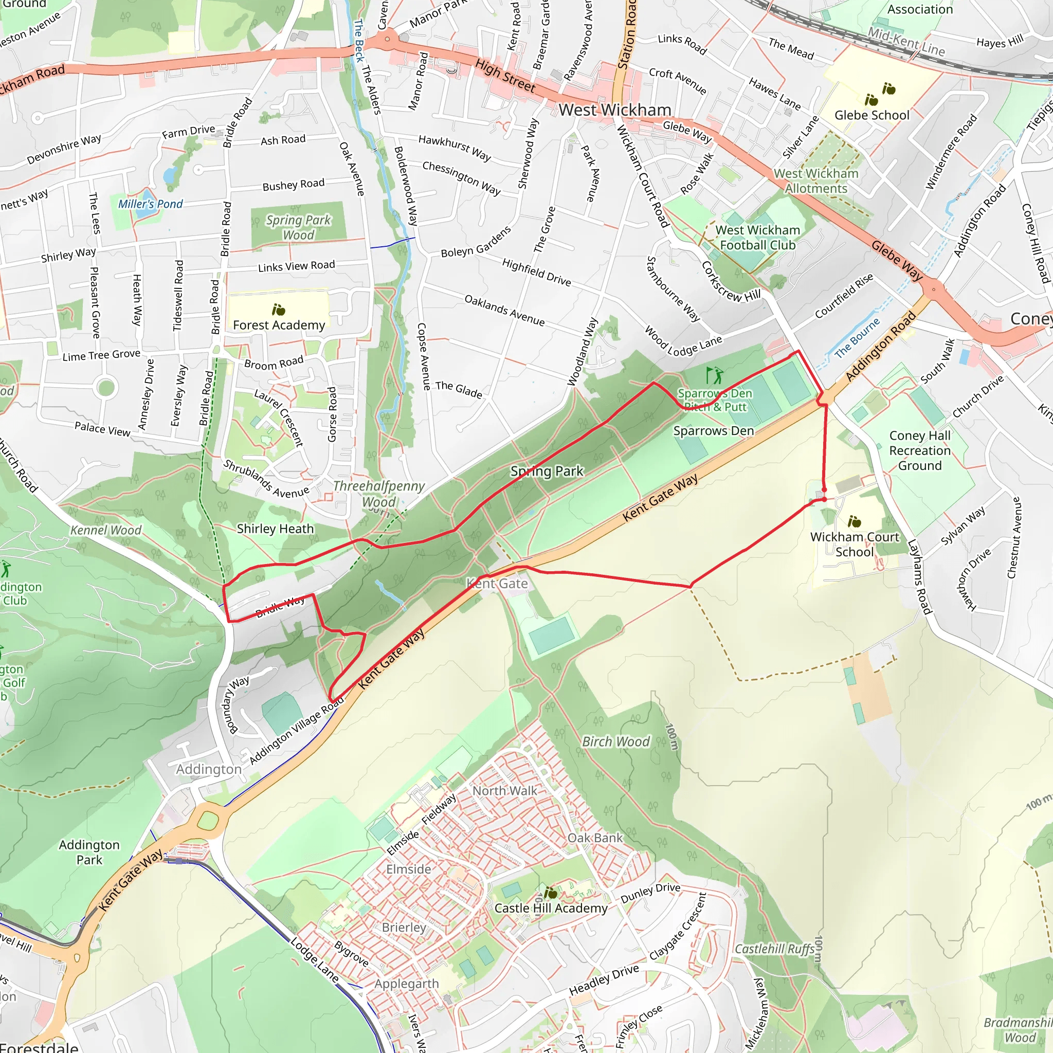 Spring Park and Threehalfpenny Wood Loop mobile static map