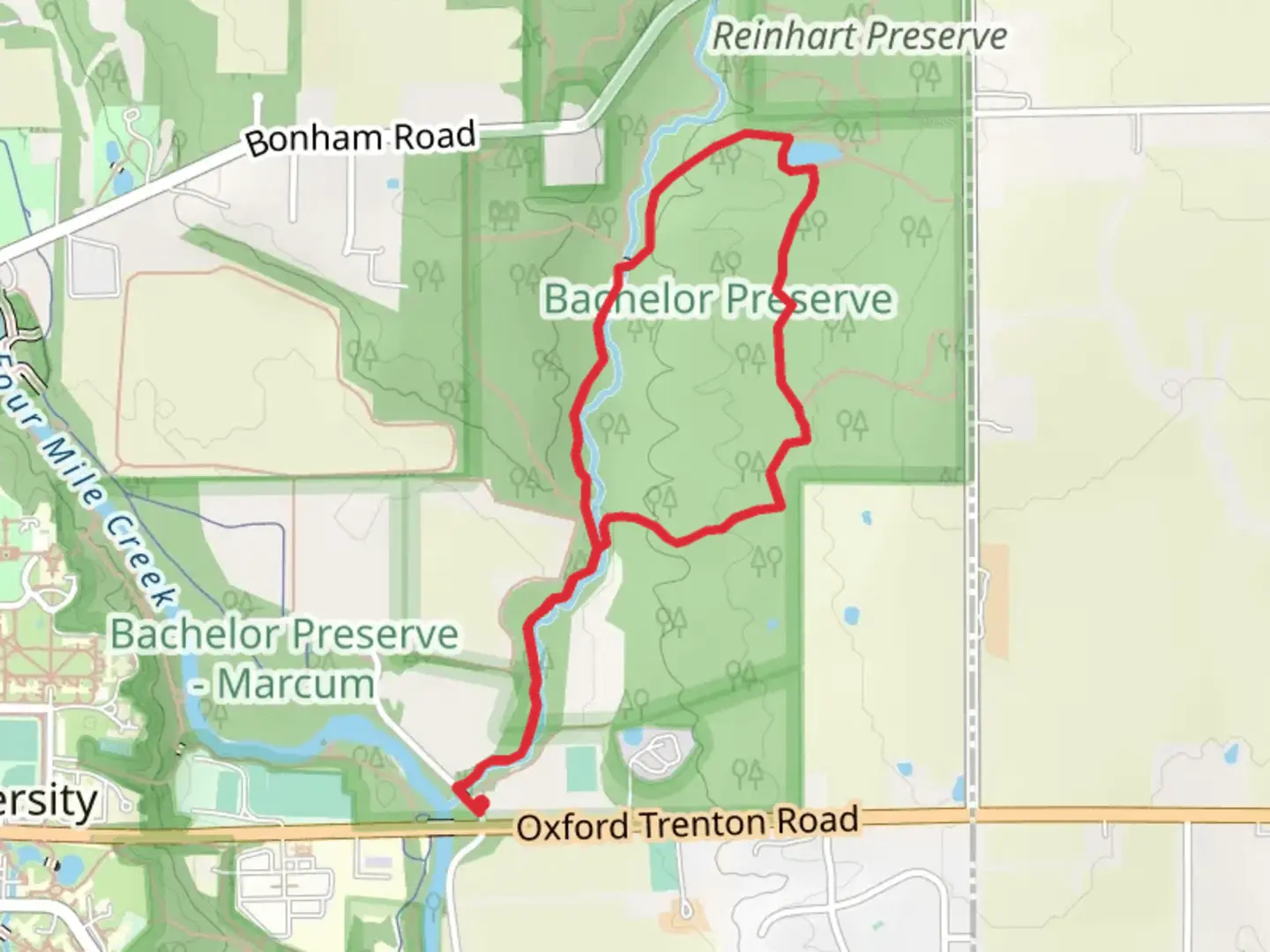 An image depicting the trail Bachelor Preserve East Loop and its surrounding area.