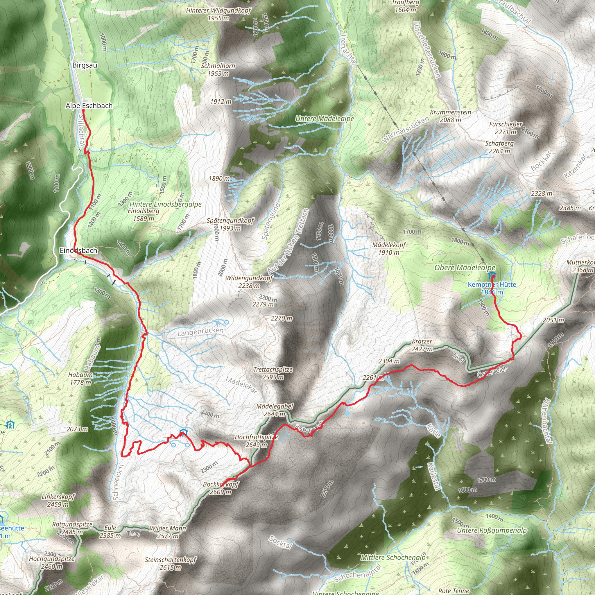 Kemptner Hütte to Alpe Eschbach Walk via Bockkarkopf Peak and Wanderweg 432 mobile static map
