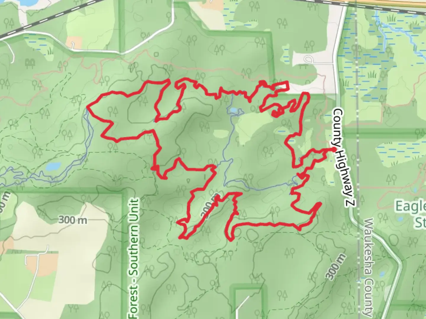An image depicting the trail Orange Loop - Green Loop and its surrounding area.