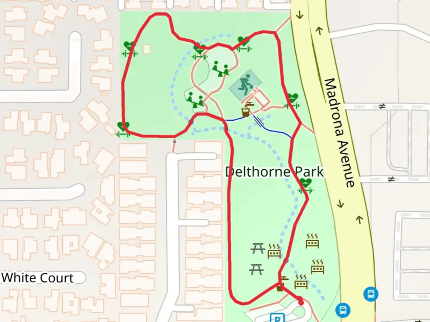 An image depicting the trail Delthorne Park Loop and its surrounding area.