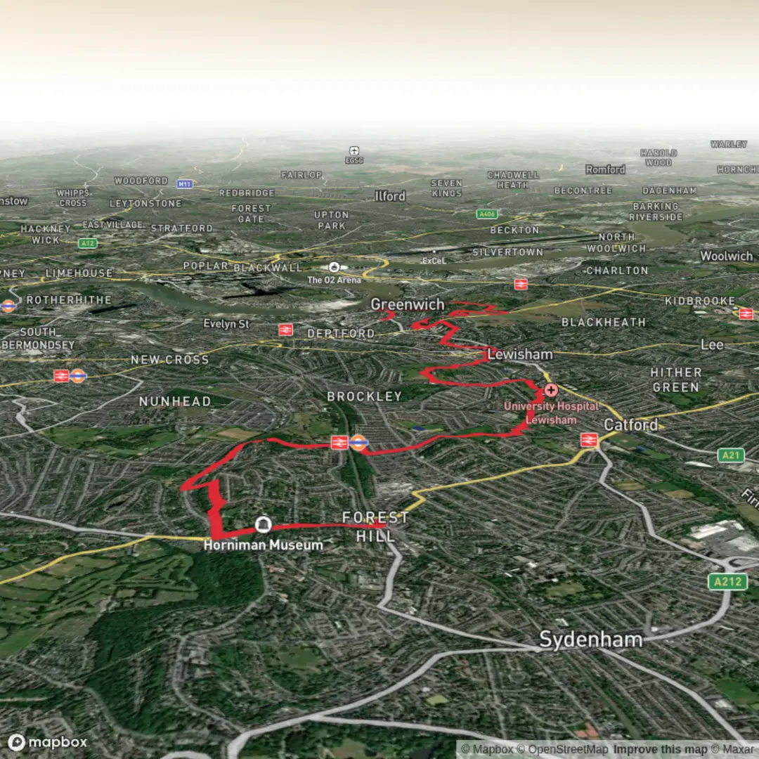 An image depicting the trail Forest Hill Station to Greenwich and its surrounding area.