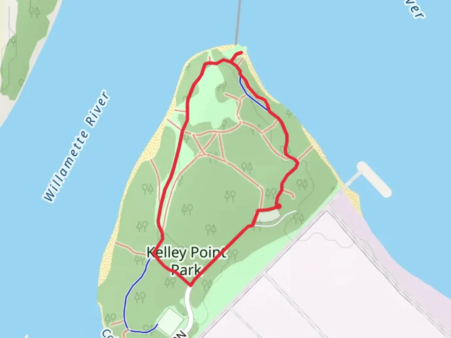 An image depicting the trail Kelley Point Park Loop and its surrounding area.