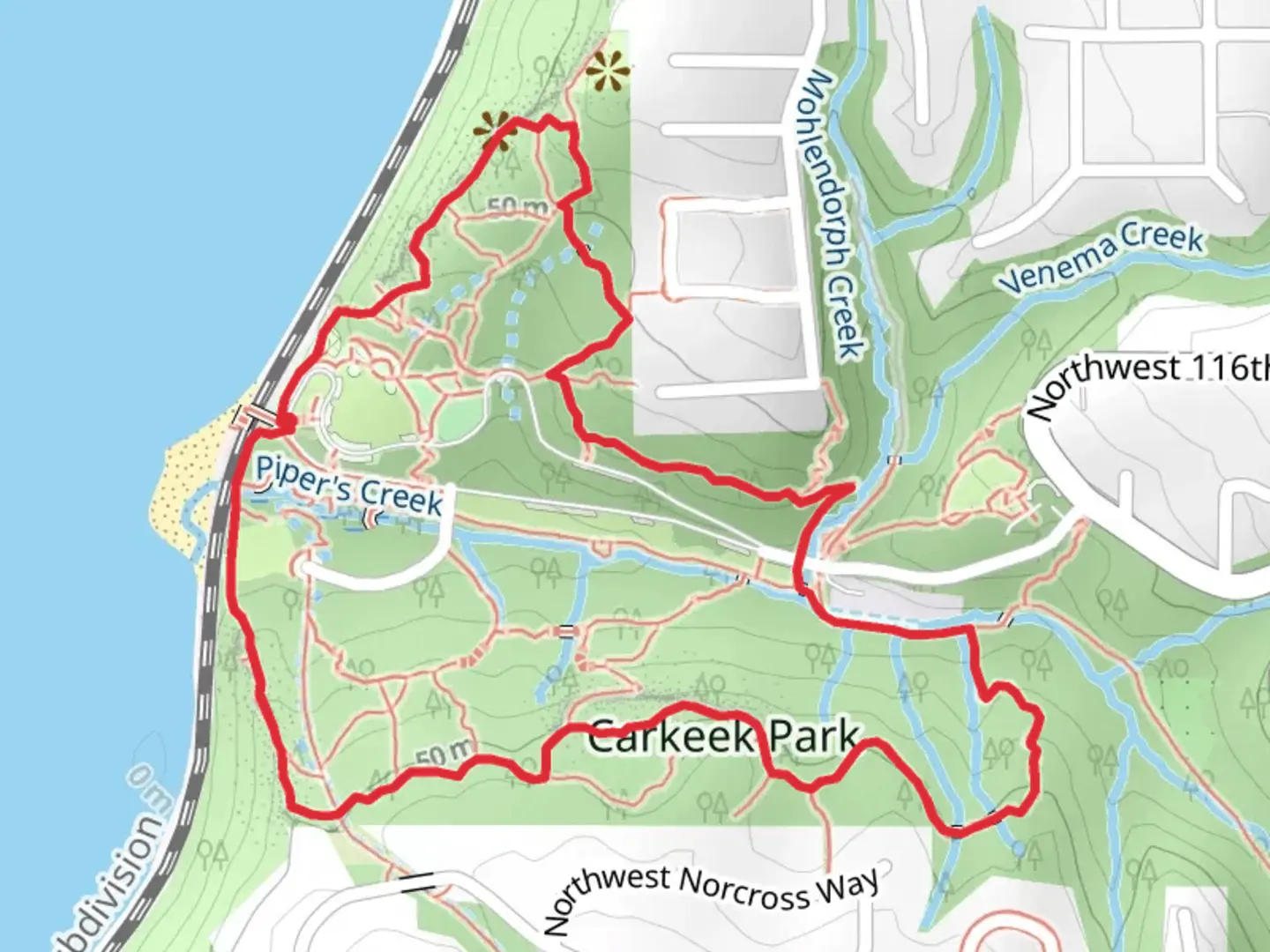 An image depicting the trail South Bluff, Piper's Creek and North Bluff Loop Trail and its surrounding area.