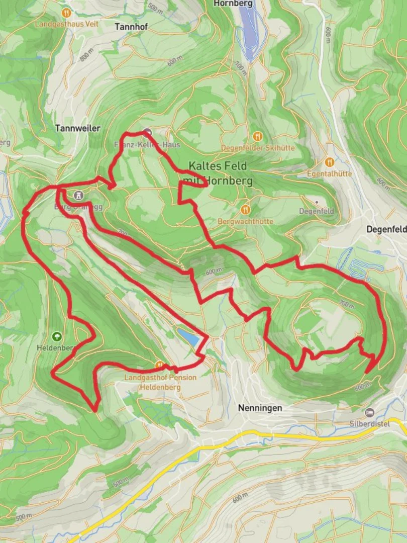 An image depicting the trail Heldenberg and NSG Kaltes Feld mit Hornberg Loop via Burg Granegg and its surrounding area.