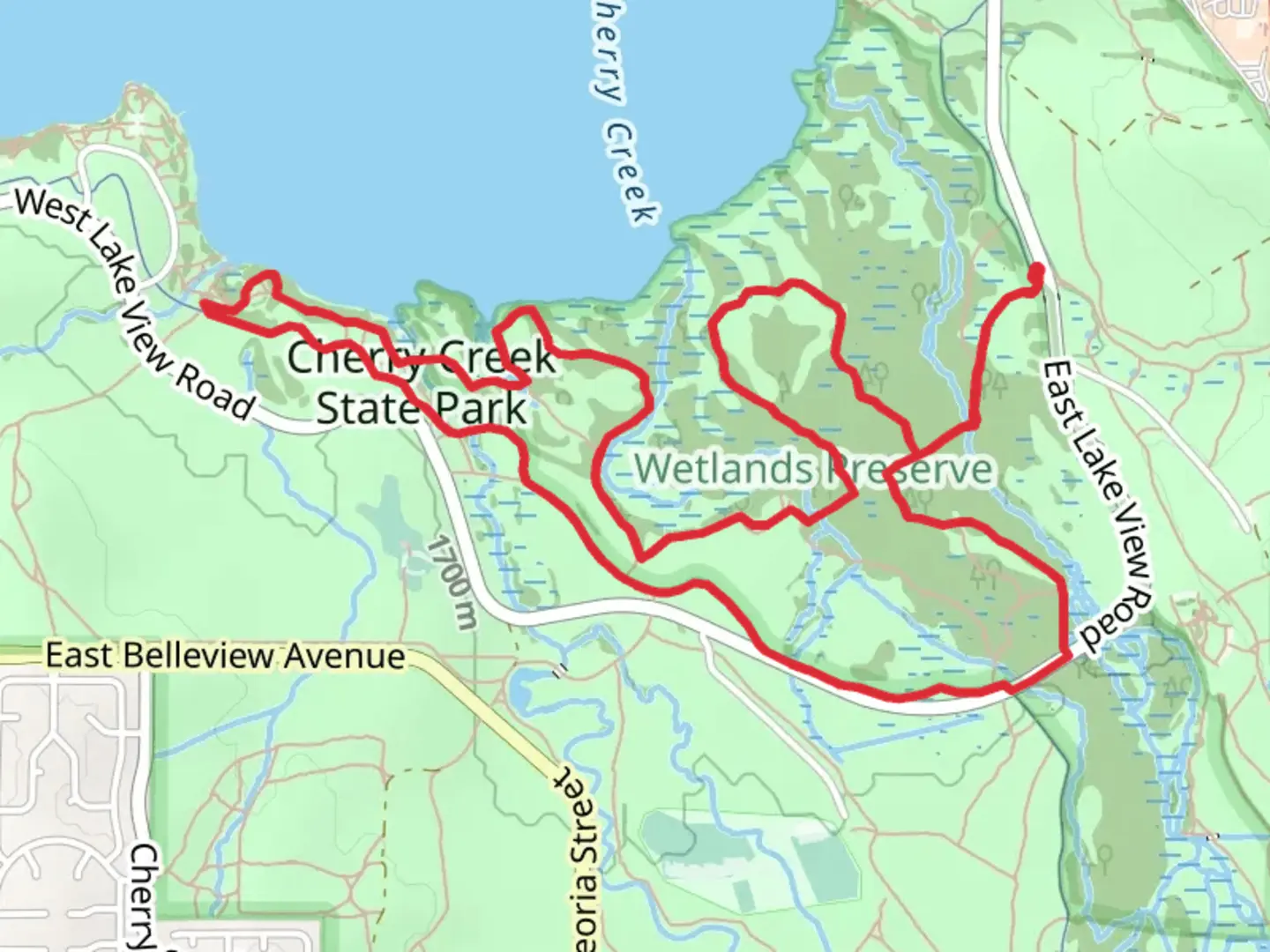 An image depicting the trail Wetland Trail, Cherry Creek trail and South Connector Loop Trail and its surrounding area.