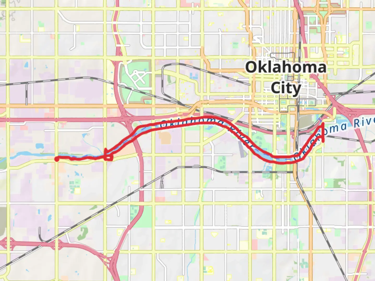 An image depicting the trail Oklahoma River Loop - South Meridian Avenue and its surrounding area.