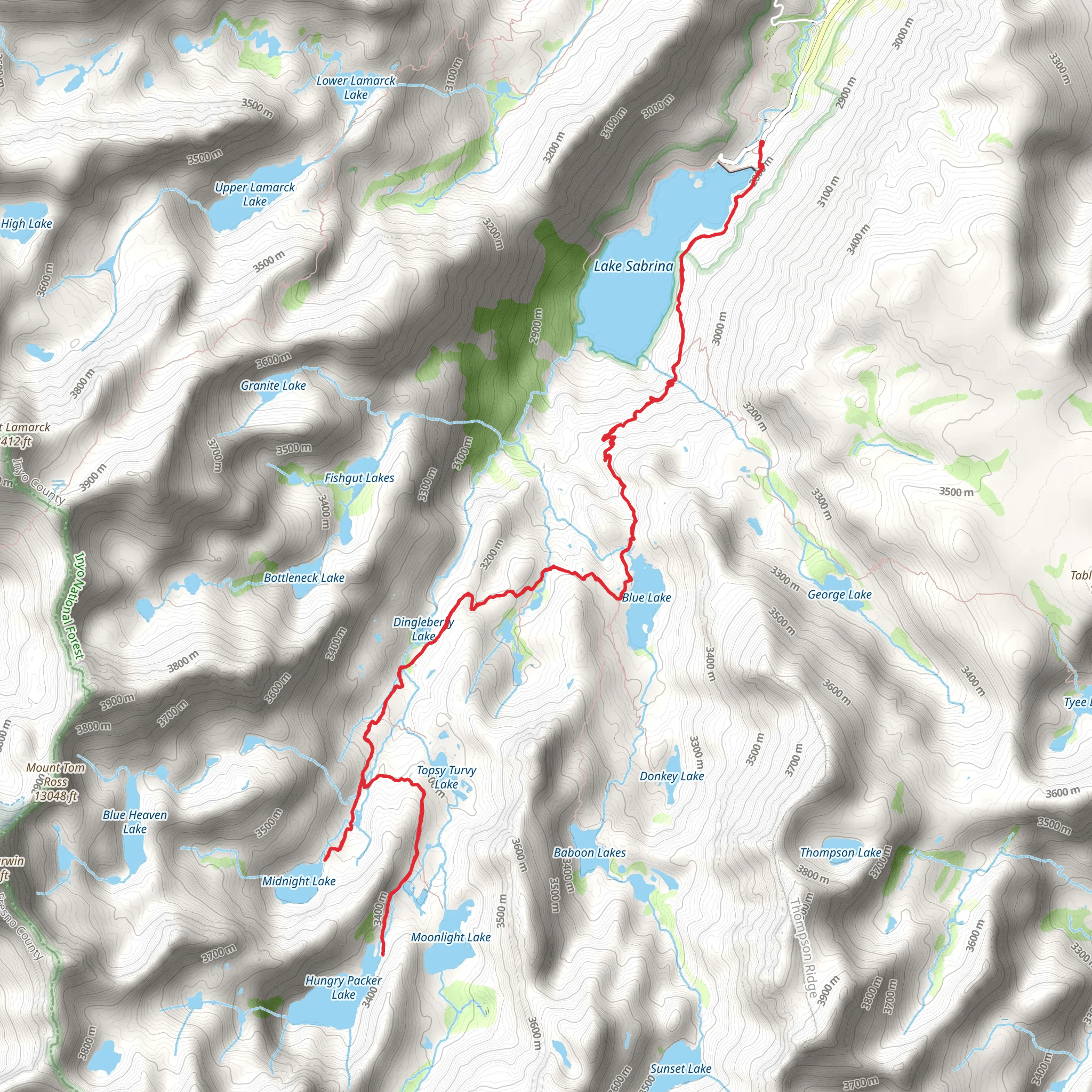 Midnight Lake and Hungry Packer Lake via Sabrina Basin Trail mobile static map