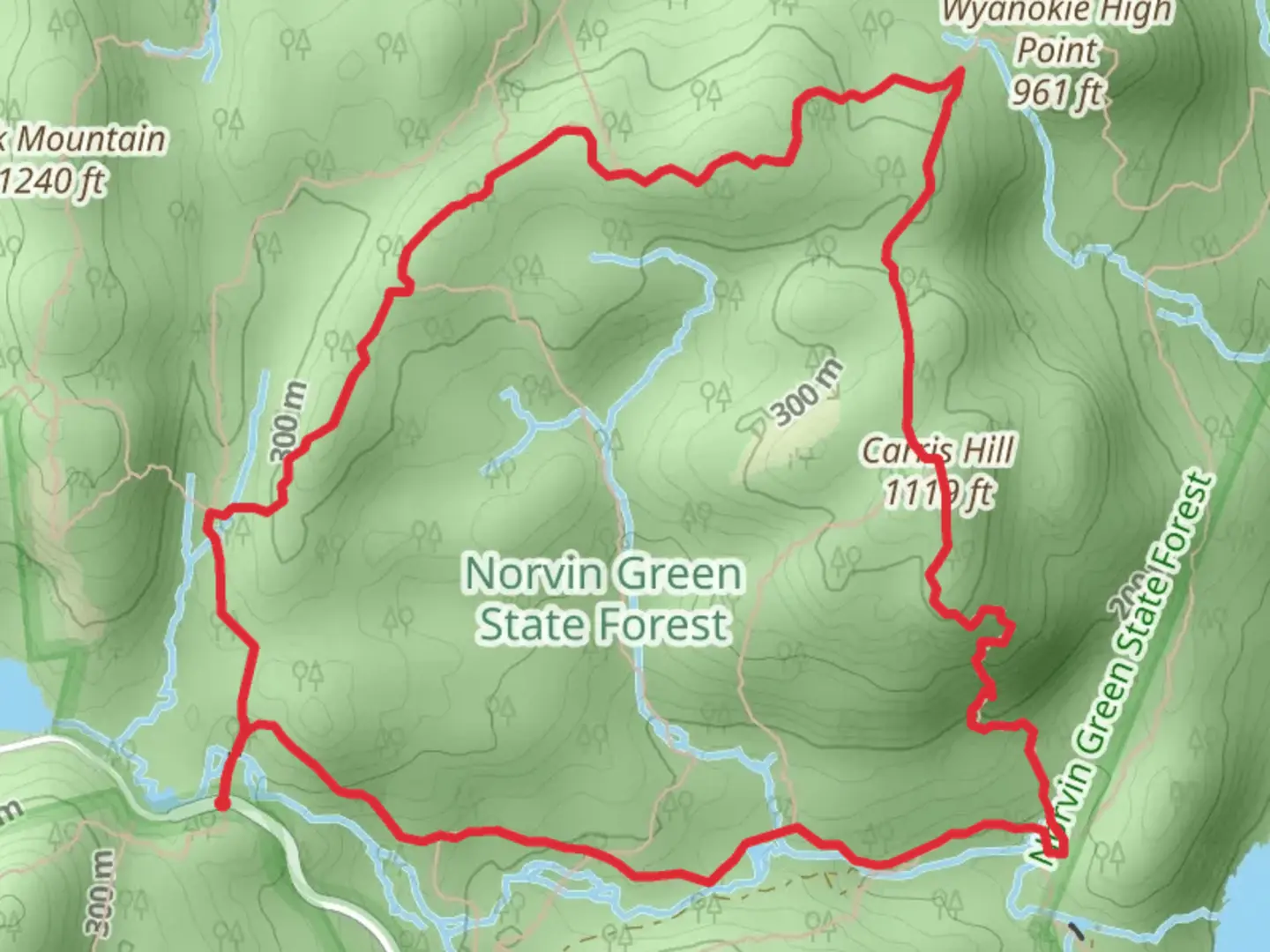 An image depicting the trail Hewitt-Butler Blue-Highlands and Otterhole-Green Loop Trail and its surrounding area.