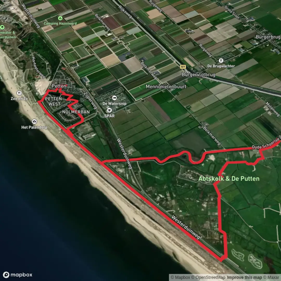 An image depicting the trail Nederlands Kustpad and Patten Oranje Loop and its surrounding area.