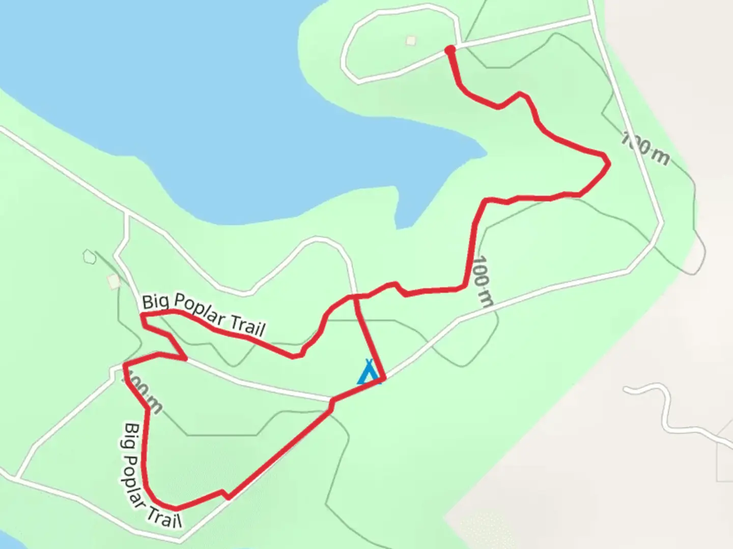 An image depicting the trail LC Cooper Campground via Big Poplar Trail and its surrounding area.