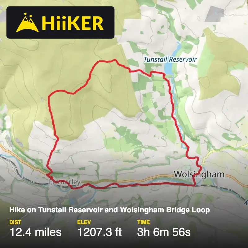 A map preview of the recording Hike on Tunstall Reservoir and Wolsingham Bridge Loop.