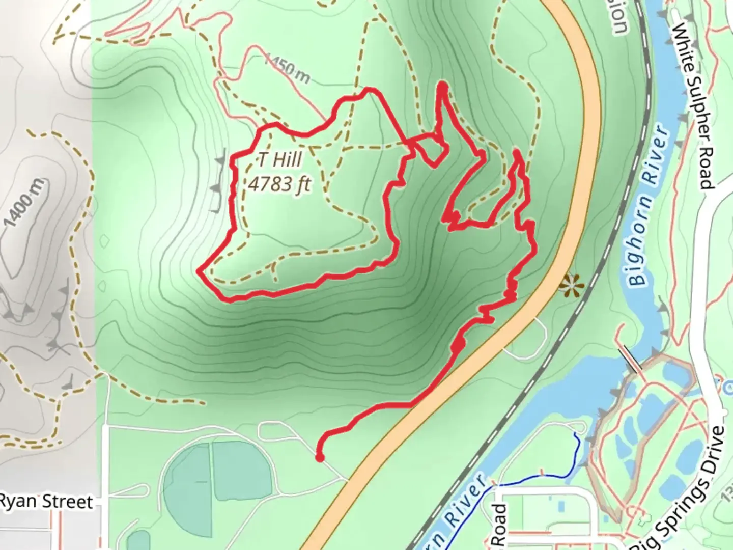 An image depicting the trail T - Hill Loop Trail and its surrounding area.