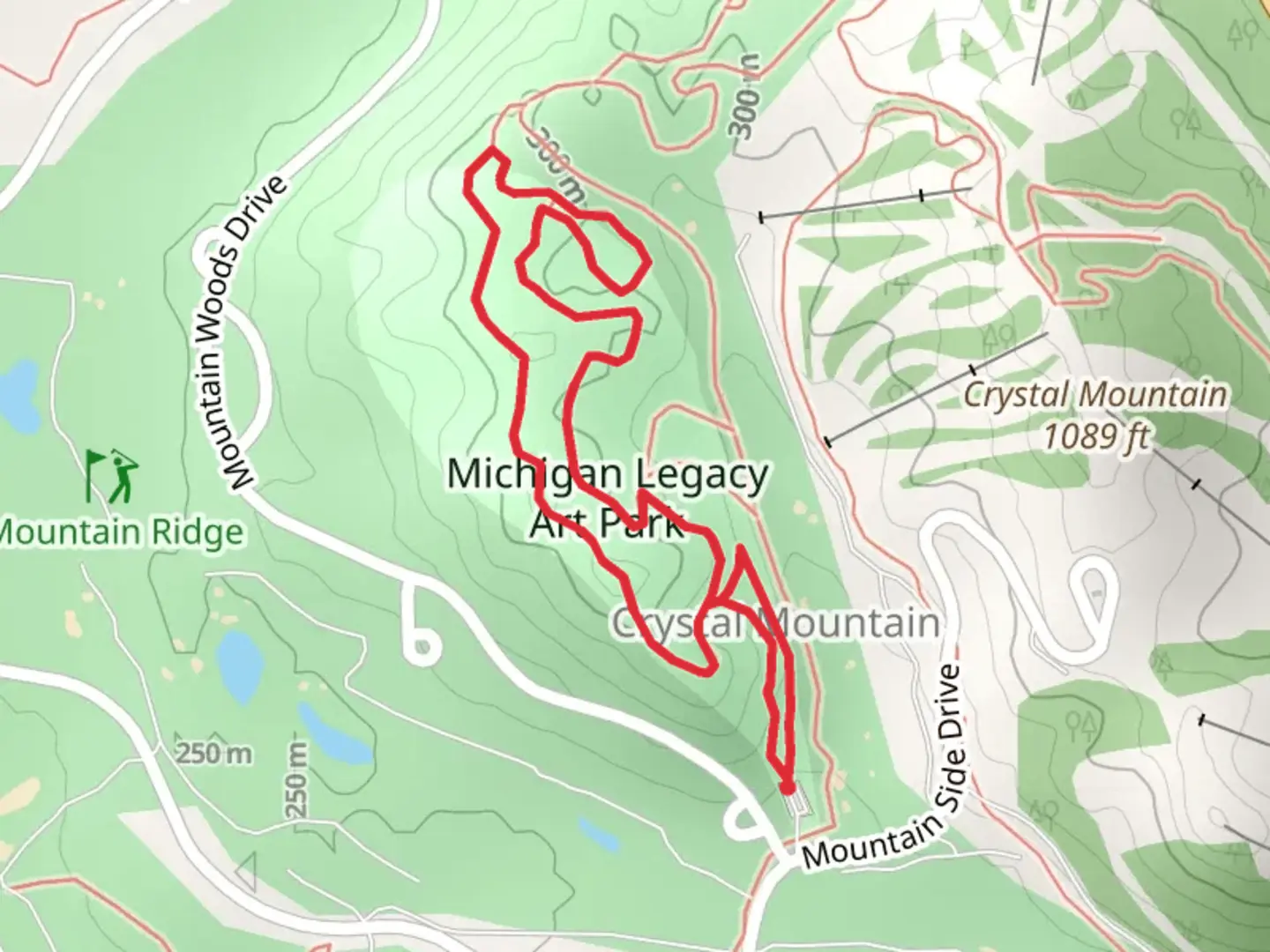 An image depicting the trail Michigan Legacy Art Park - Amphitheater Loop Trail and its surrounding area.