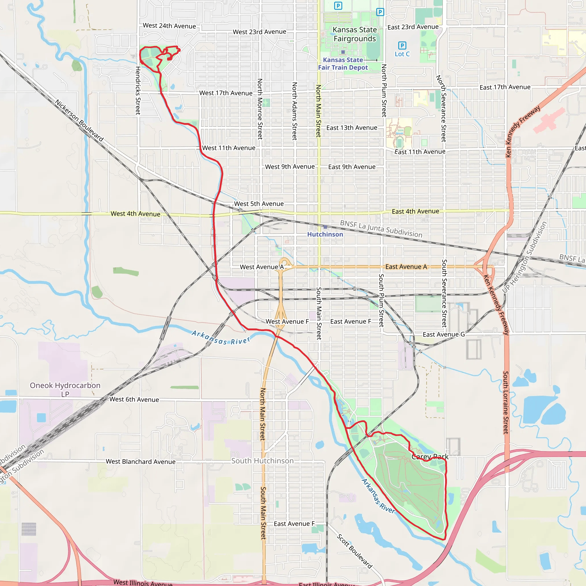 Rice Park, Cow Creek and Arkansas River Loop Walk mobile static map