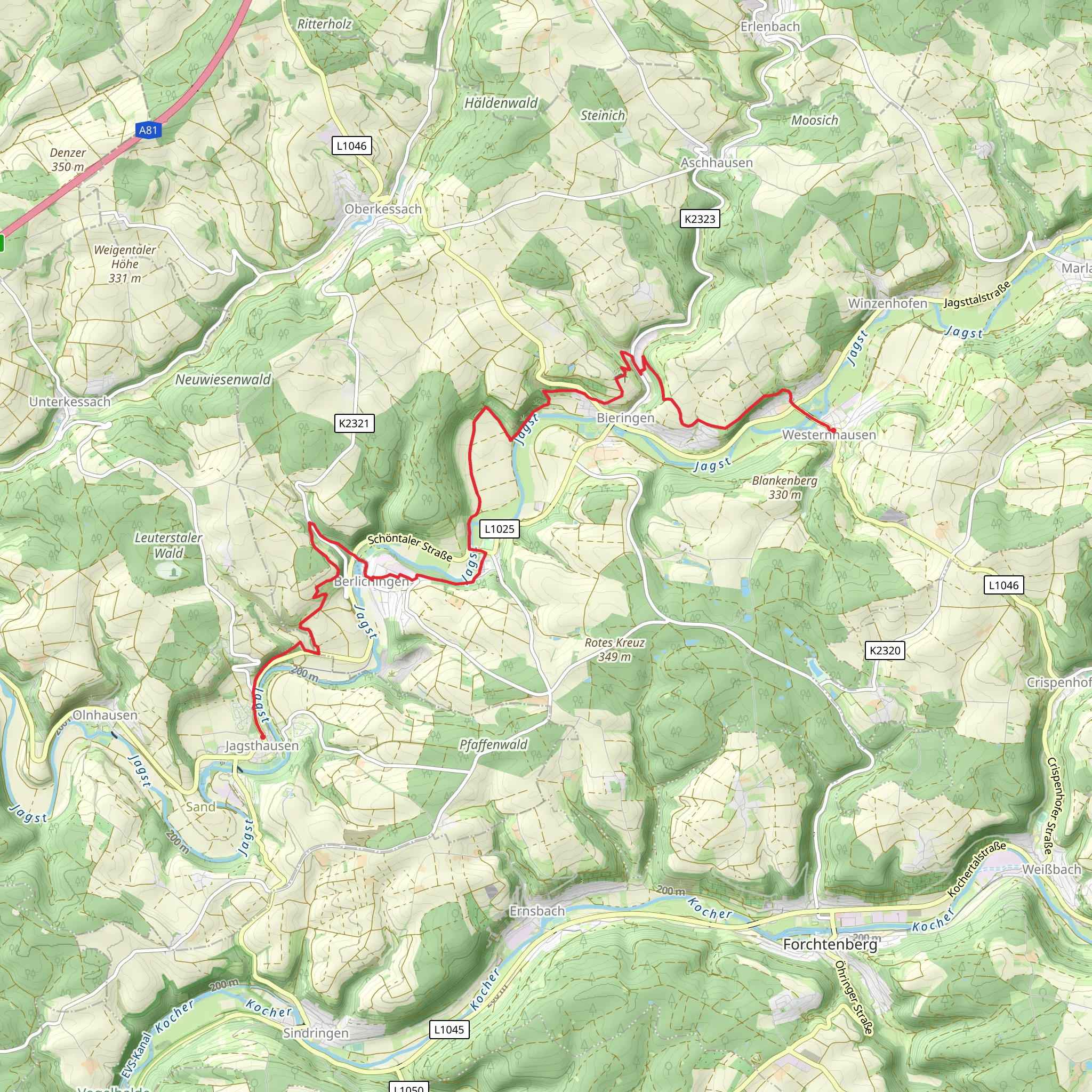 Jagsthausen to Westernhausen Walk mobile static map