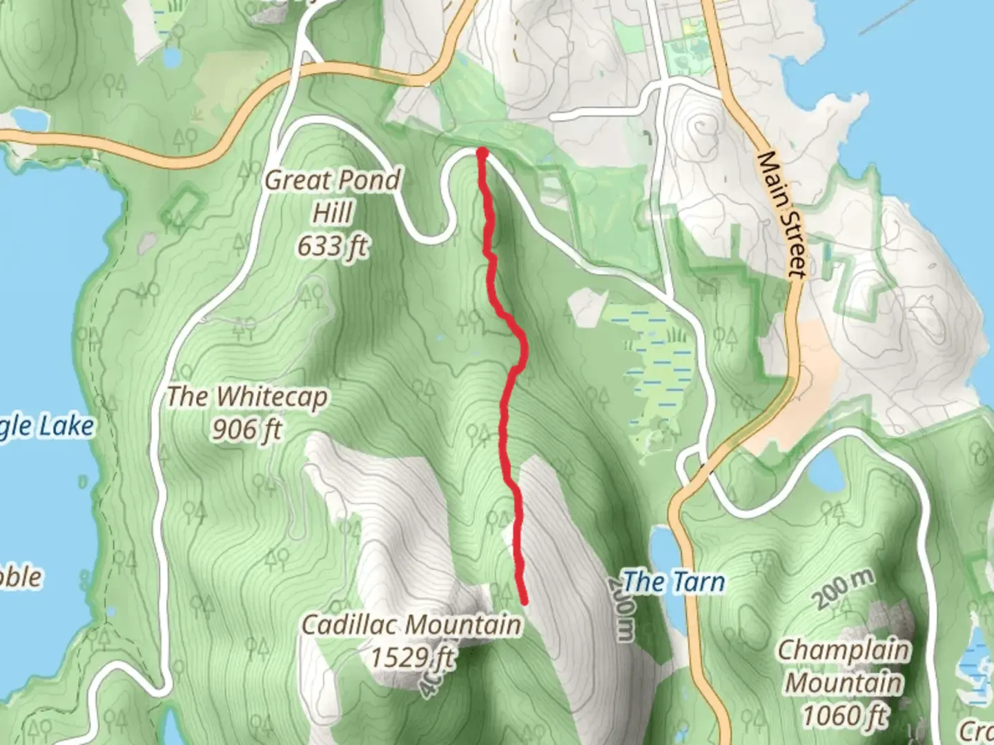 An image depicting the trail Dorr Mountain via Kebo Mountain Trail and its surrounding area.