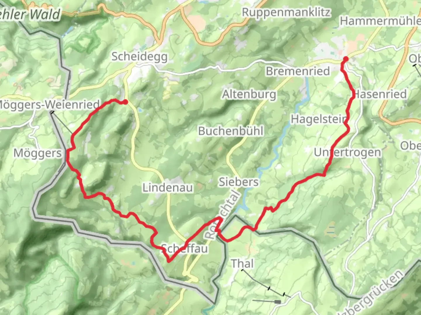 An image depicting the trail Weiler im Allgau to Scheidegg Walk and its surrounding area.