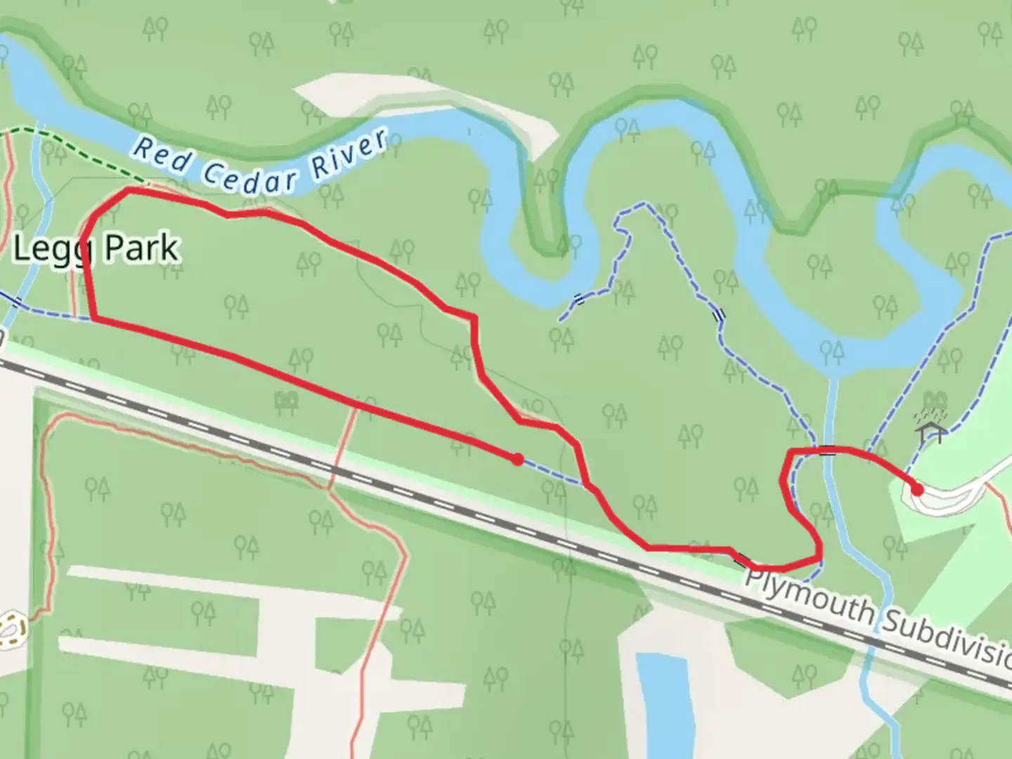 An image depicting the trail Red Cedar River Loop and its surrounding area.