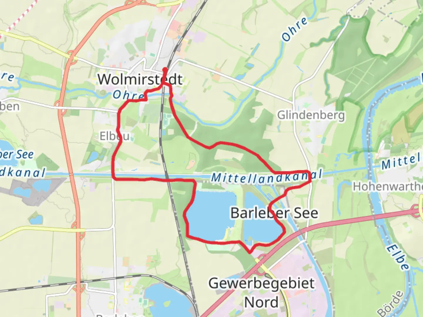 An image depicting the trail Wolmirstedt and Barleber See Loop and its surrounding area.