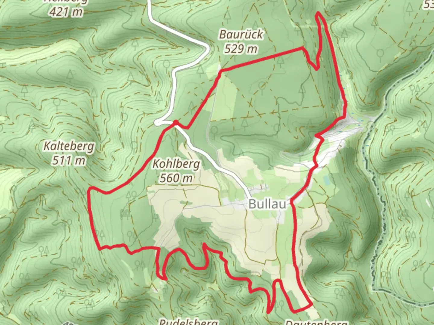 An image depicting the trail Rundwanderweg Bullau and Nibelungensteig and its surrounding area.