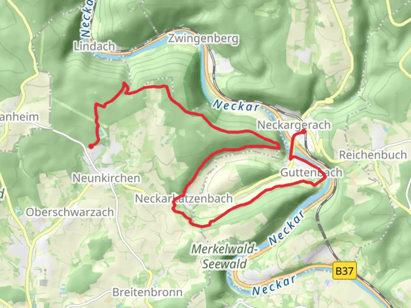 An image depicting the trail Neunkirchen to Neckargerach Walk via Minneburg and its surrounding area.