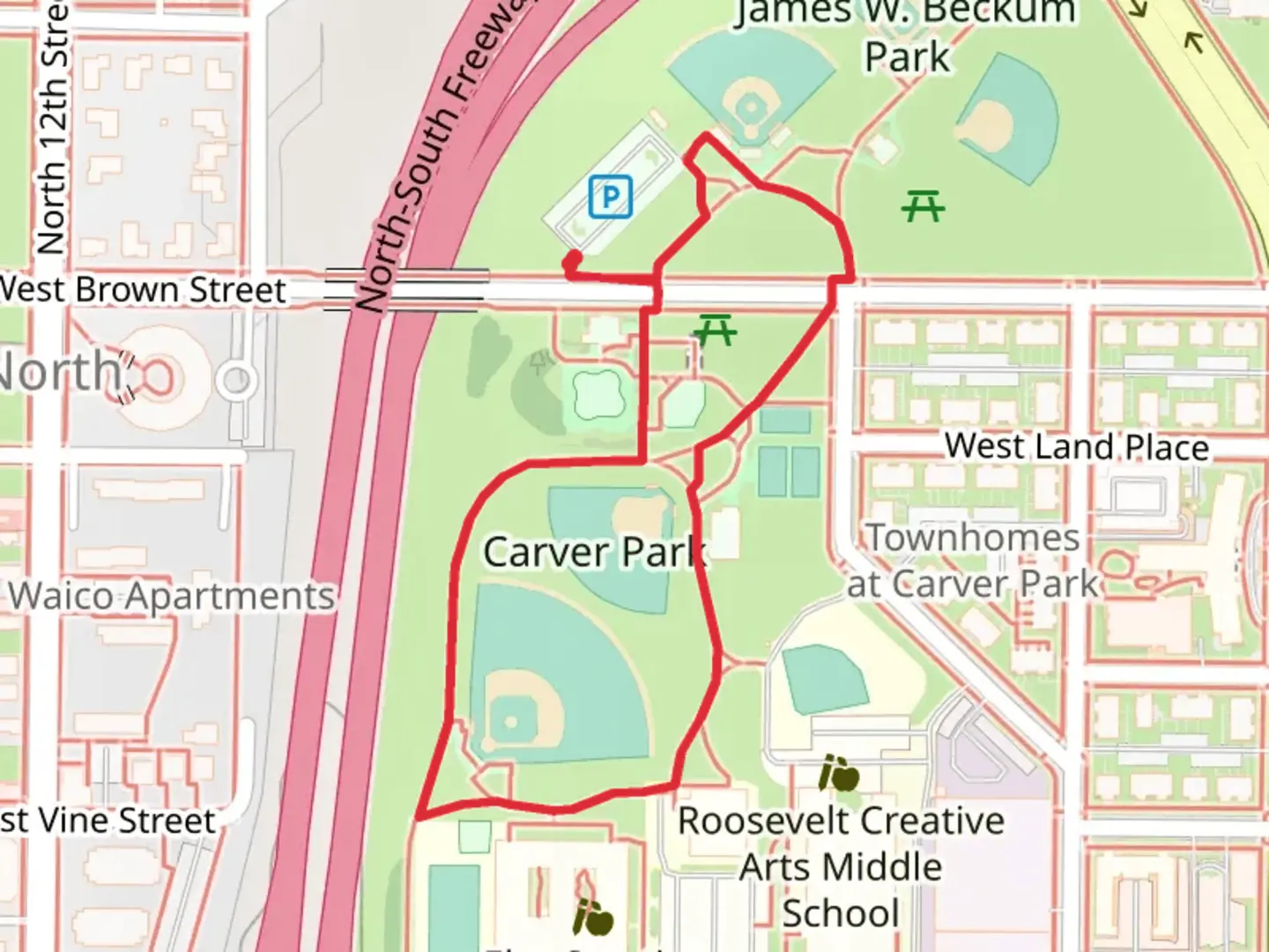 An image depicting the trail Carver Park Loop and its surrounding area.