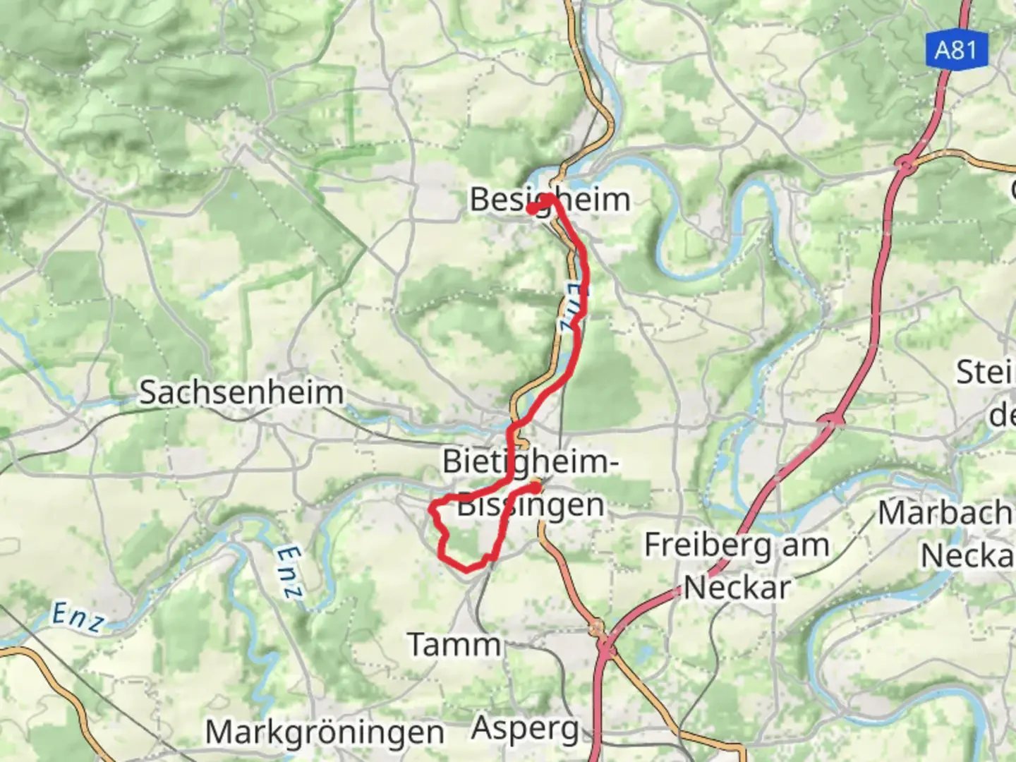 An image depicting the trail Besigheim to Bietigheim-Bissingen via Enztal and its surrounding area.