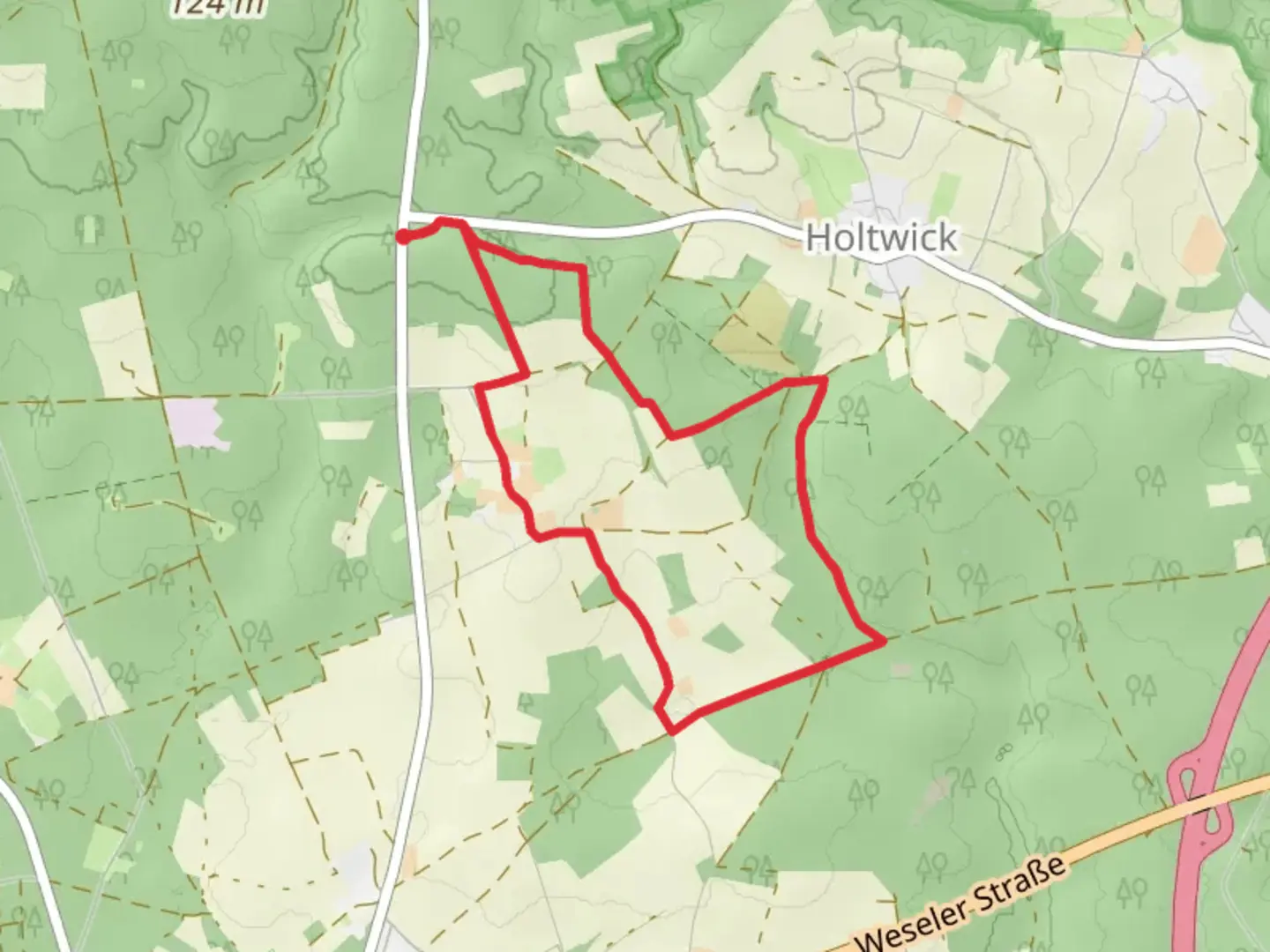 An image depicting the trail Luenzumer Mark Rundweg and Hohe Mark Steig and its surrounding area.