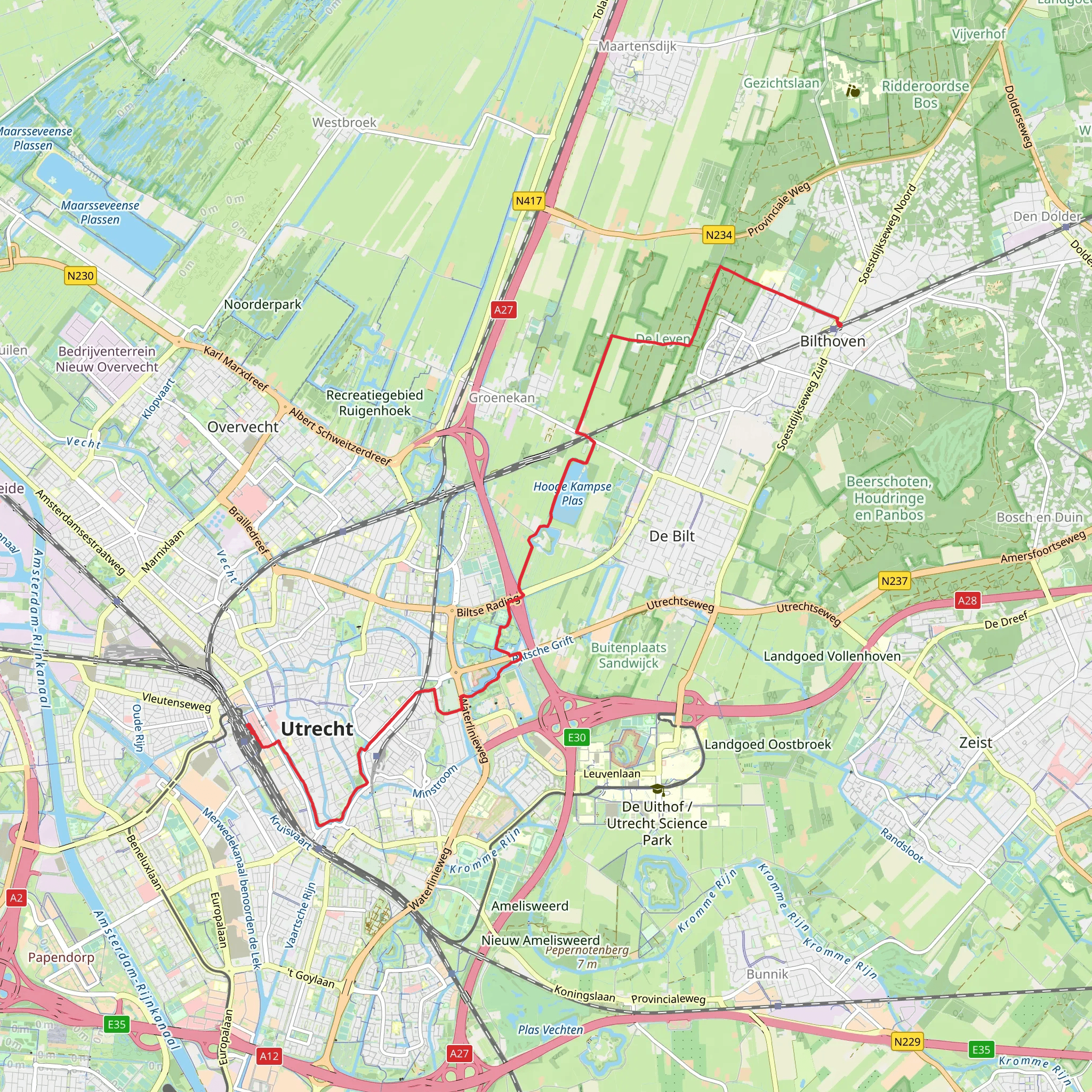Utrecht Centraal to Bilthoven via Hoogekampse Pad and Hooge Kampse Plas mobile static map