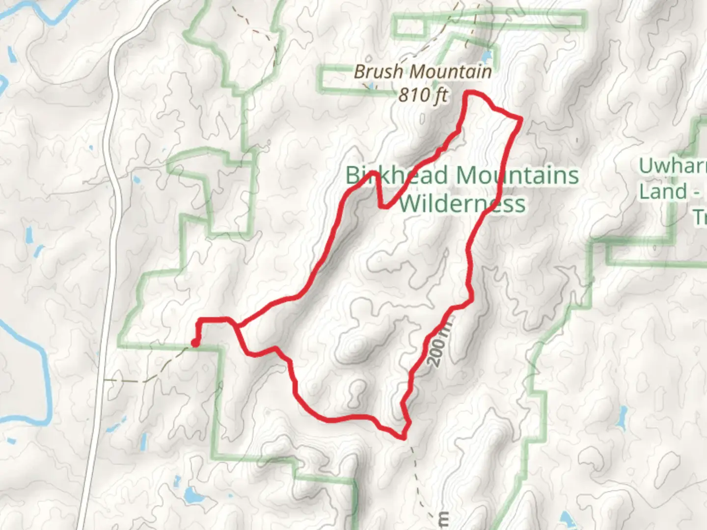An image depicting the trail Robbins Branch, Birkhead Mountain and Hannah's Creek Loop Trail and its surrounding area.