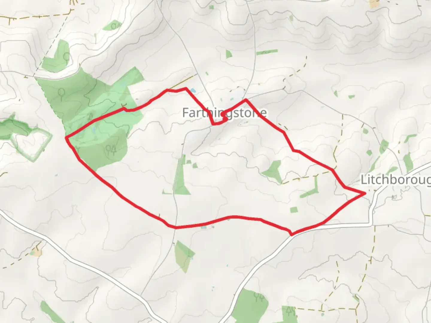 An image depicting the trail Knightley Way and Farthingstone Loop and its surrounding area.