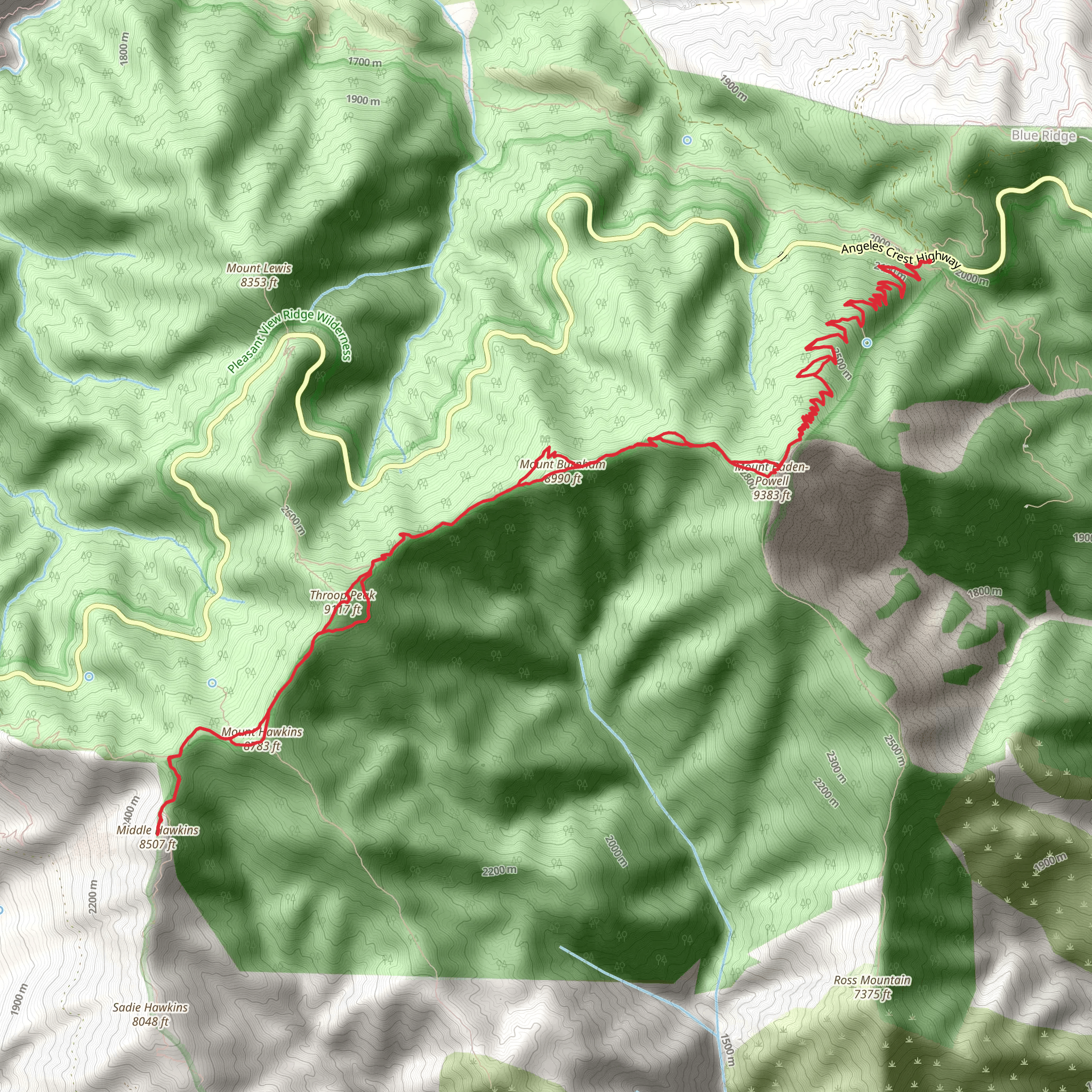 Mount Baden-Powell, Mount Burnham, Throop Peak and Mount Hawkins mobile static map