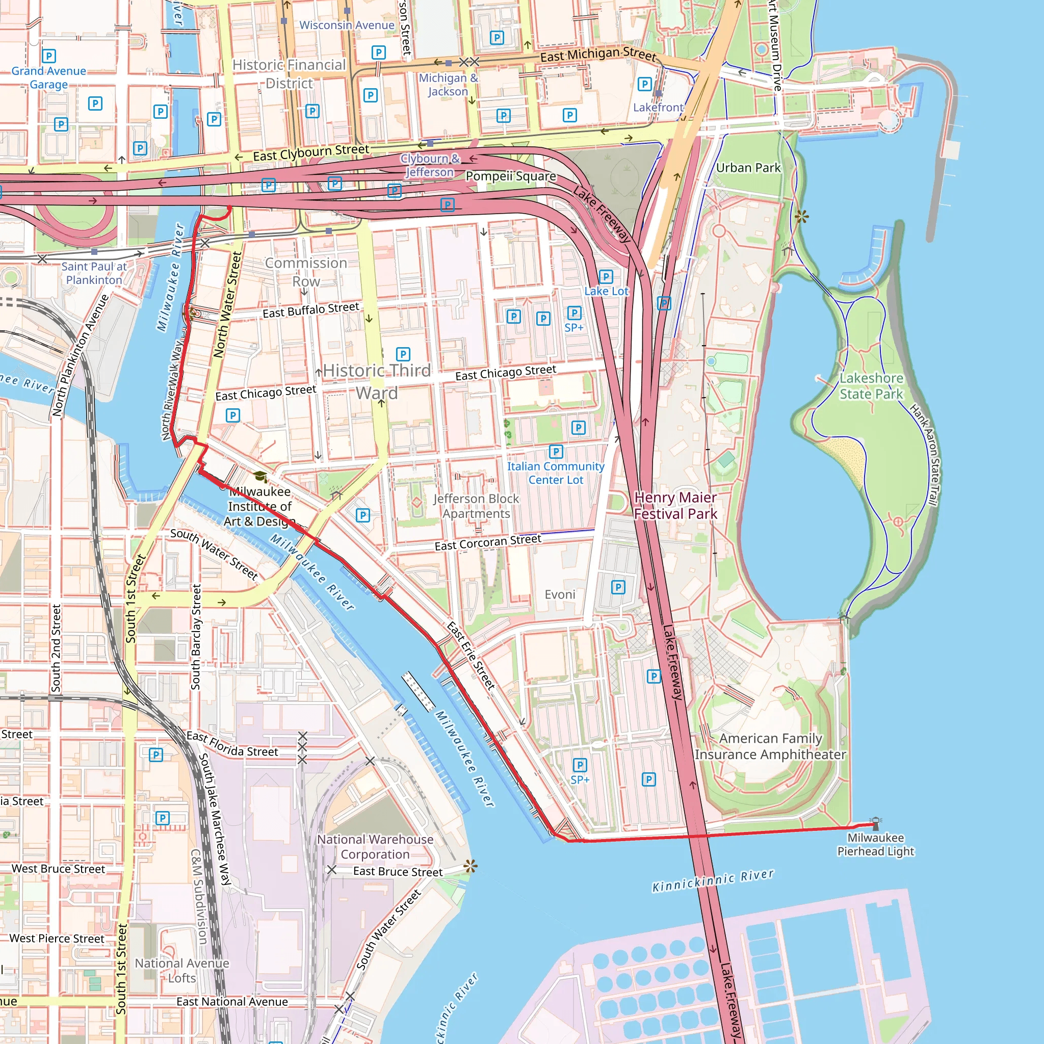 Milwaukee River walk from Historic Third Ward mobile static map